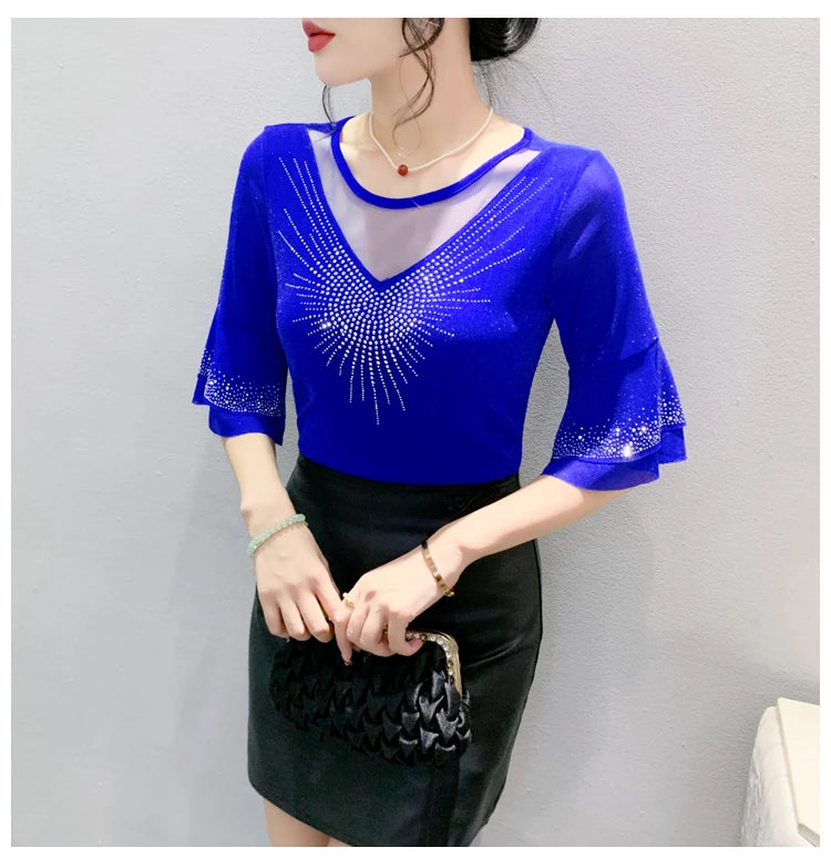 Sexy Hollow out Mesh Seven Quarter Sleeve Fashion Trend Summer T-Shirt Women Slimming Versatile Top Half Sleeve Small Shirt