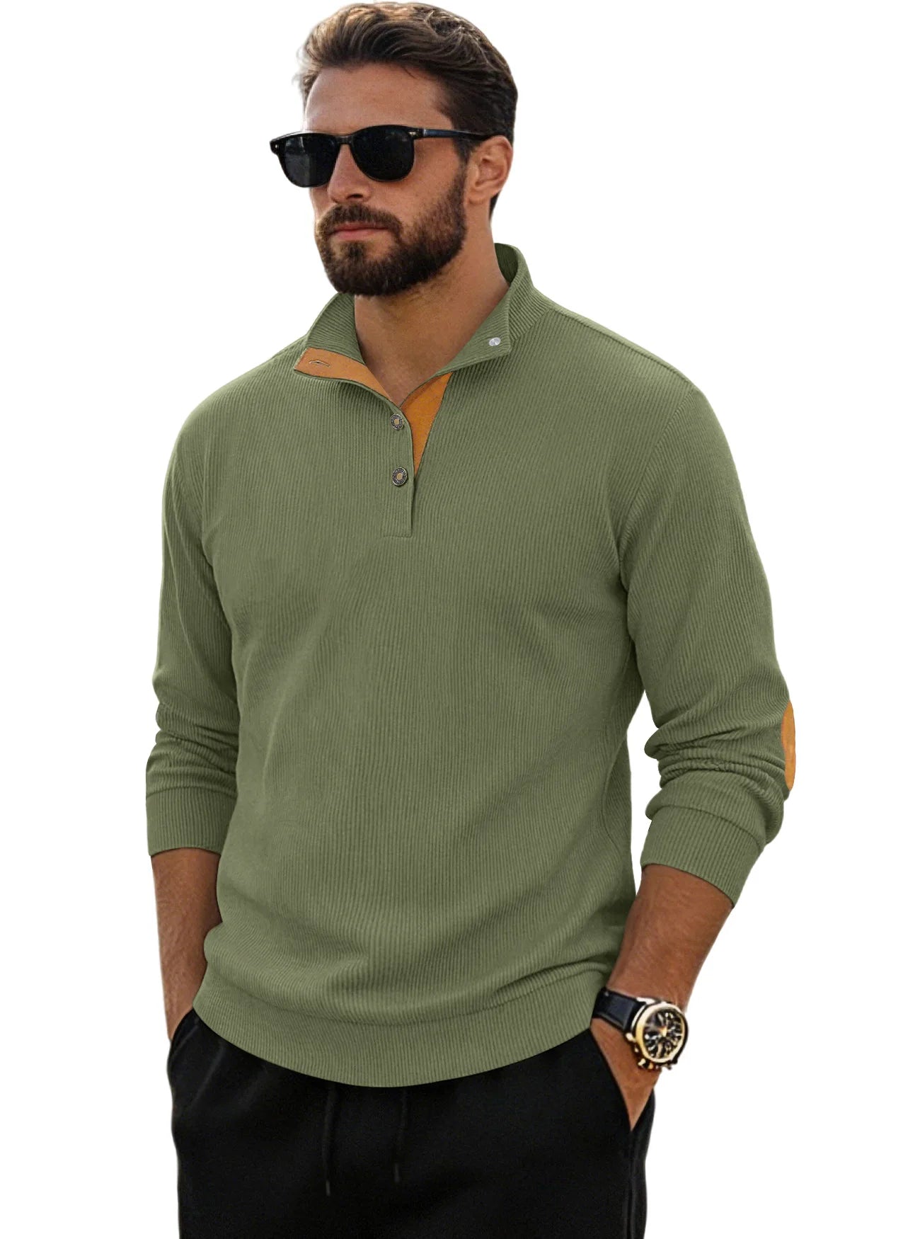 Men‘s Corduroy Button Up Pullover Stand Collar Contrast Elbow Patch Casual Top 2026