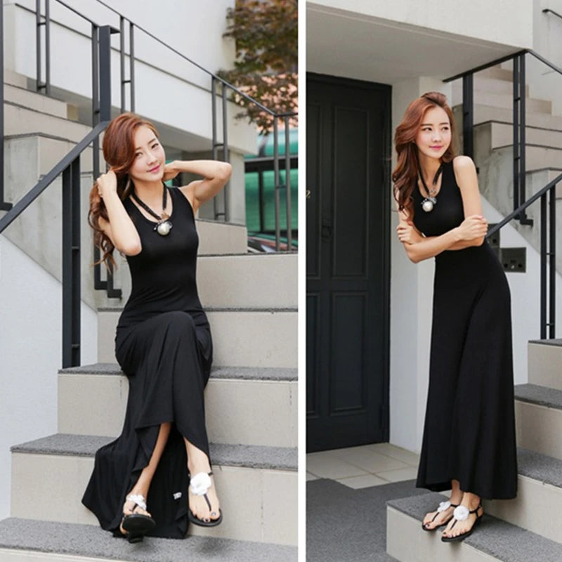 Summer Thin Modal Long Dress Women Loose Black Versatile Dress Strap Vest Skirt Sleeveless Large Size A-Line Korean Style