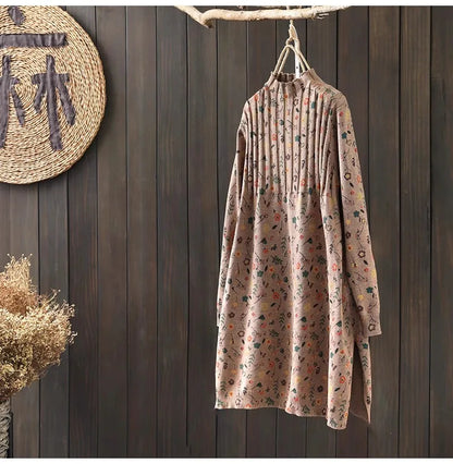 Retro Print Loose Knitted Dress Half High Collar Base Layer Skirt Autumn Winter Long Straight A-Line Dress for Women