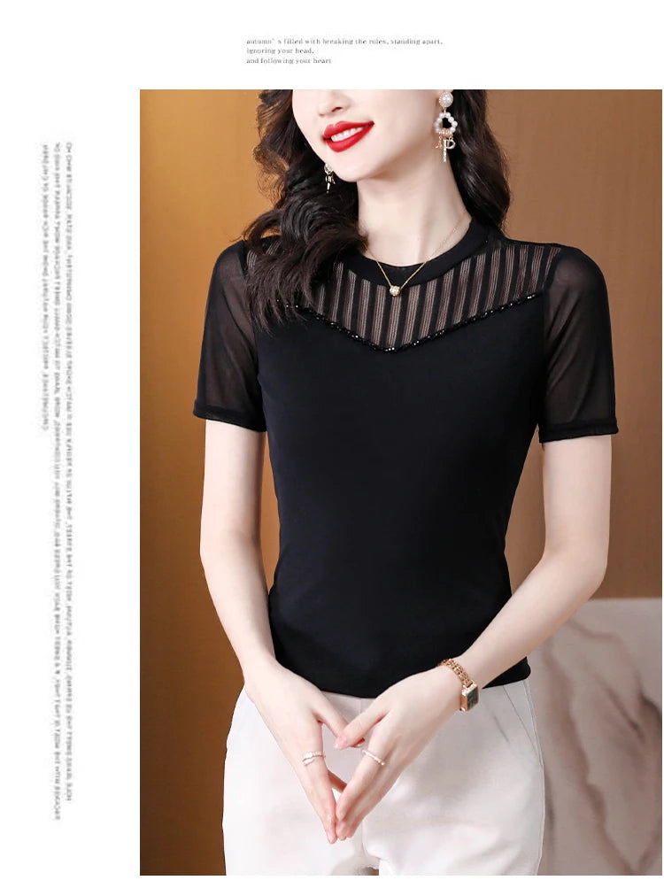 Lace Short Sleeve Slim Fit T-Shirt Women's Summer New Netting Thin Style round Neck Regular Length Pure Color Commute Style