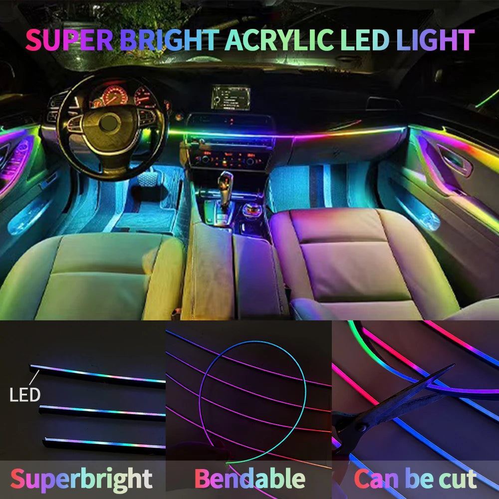 Car Ambient Lights Full Color Streamer LED Interior Hidden Acrylic Strip APP Control Universal Automobile Symphony Atmosphere La