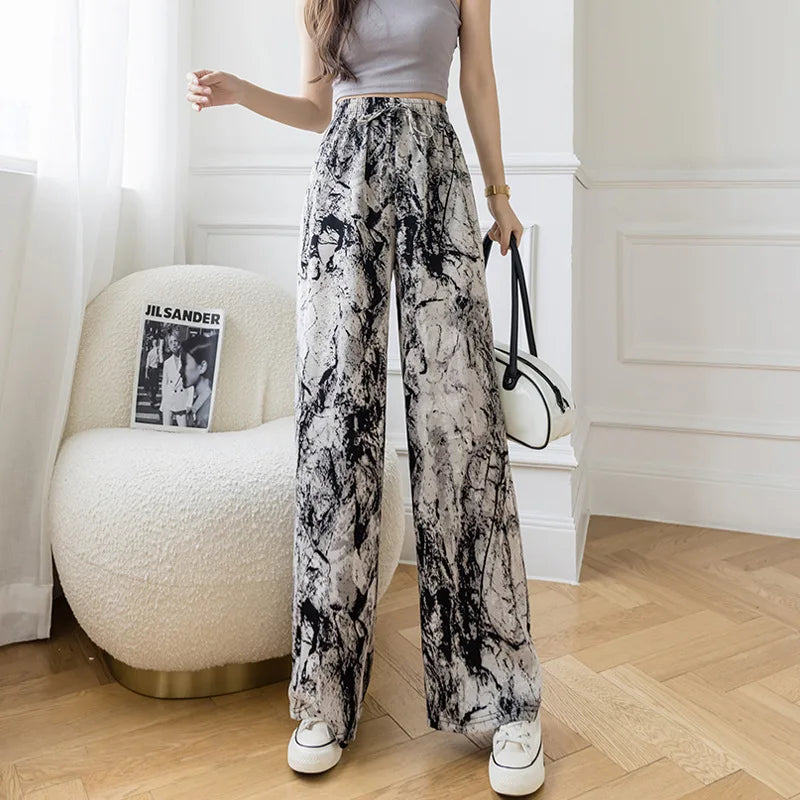 Summer Casual Loose Wide Leg Pants Women's Tie Dye Ink Ice Silk Loose Leopard Print Ethnic Style Long Pants Casual Trousers