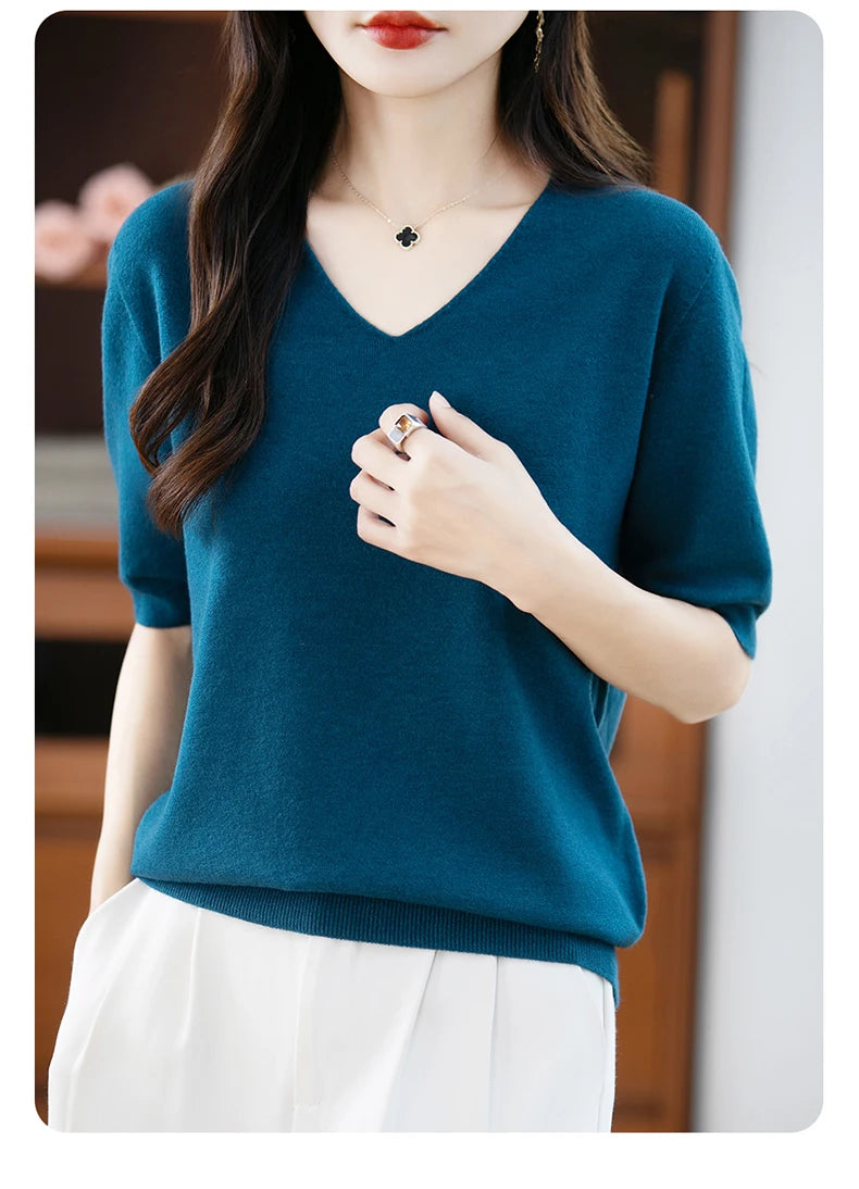 Thin Worsted Wool Short-Sleeved Women's Loose Round Neck T-shirt Printed Summer Fashion Knitted Bottoming Shirt Half-Sleeved