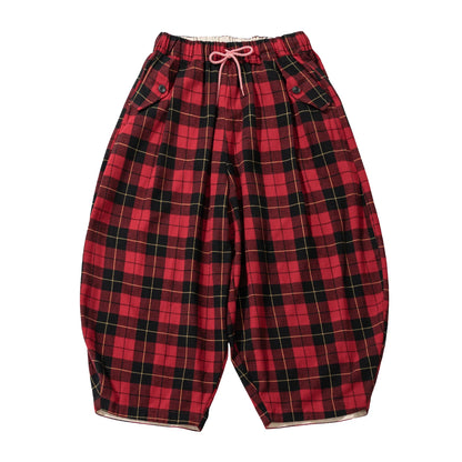 Red - Black Plaid Drawstring Lantern Pants, Retro Hong Kong Style, Daily Outfit, Casual & Free Vibe 255338