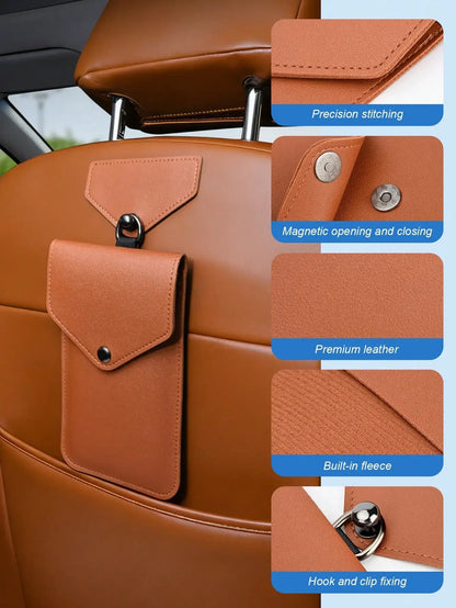 Universal Multi-Use Car Storage Bag with Shoulder Strap, Stick-On, Premium Leather, For Dashboard, Door, Seat Back