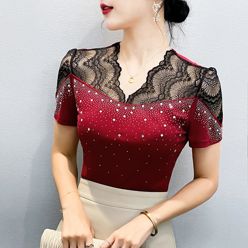 2026 Summer Women Tops New Korean Fashion Diamond Mesh T Shirt V-neck Short Sleeved Patchwork Lace Shirt