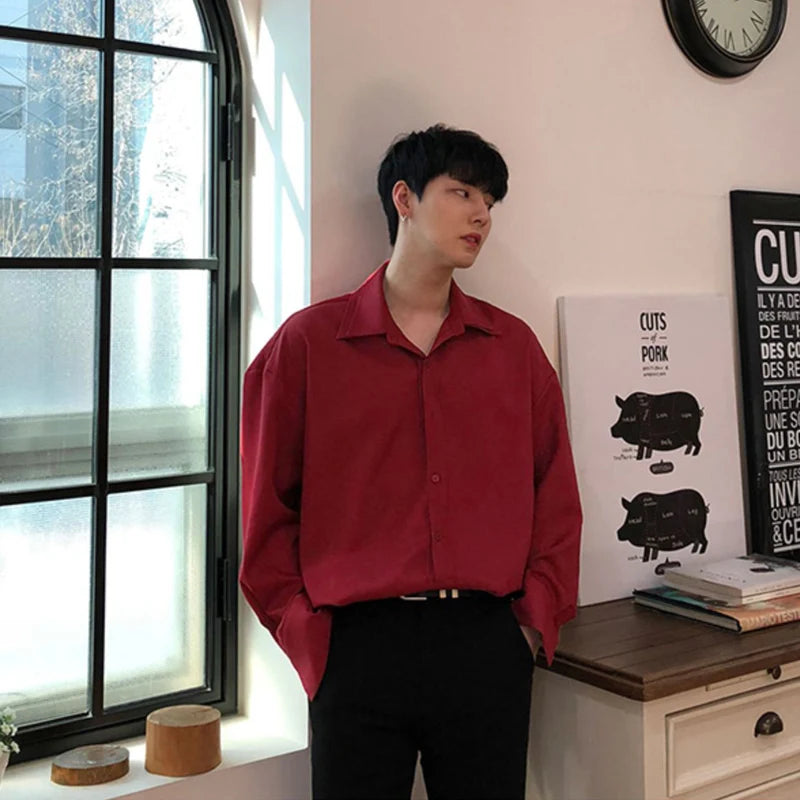 Double Collar Long Sleeve Shirt Men White Shirt Vintage Wine Red Shirts Men Korean Comfortable Blouse Casual Loose Lapel Shirt