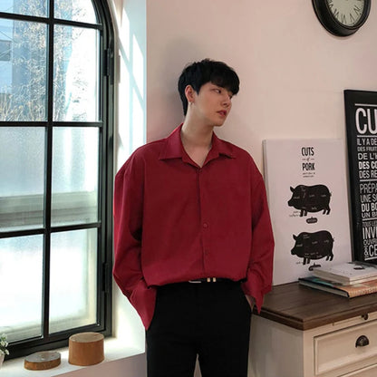 Double Collar Long Sleeve Shirt Men White Shirt Vintage Wine Red Shirts Men Korean Comfortable Blouse Casual Loose Lapel Shirt