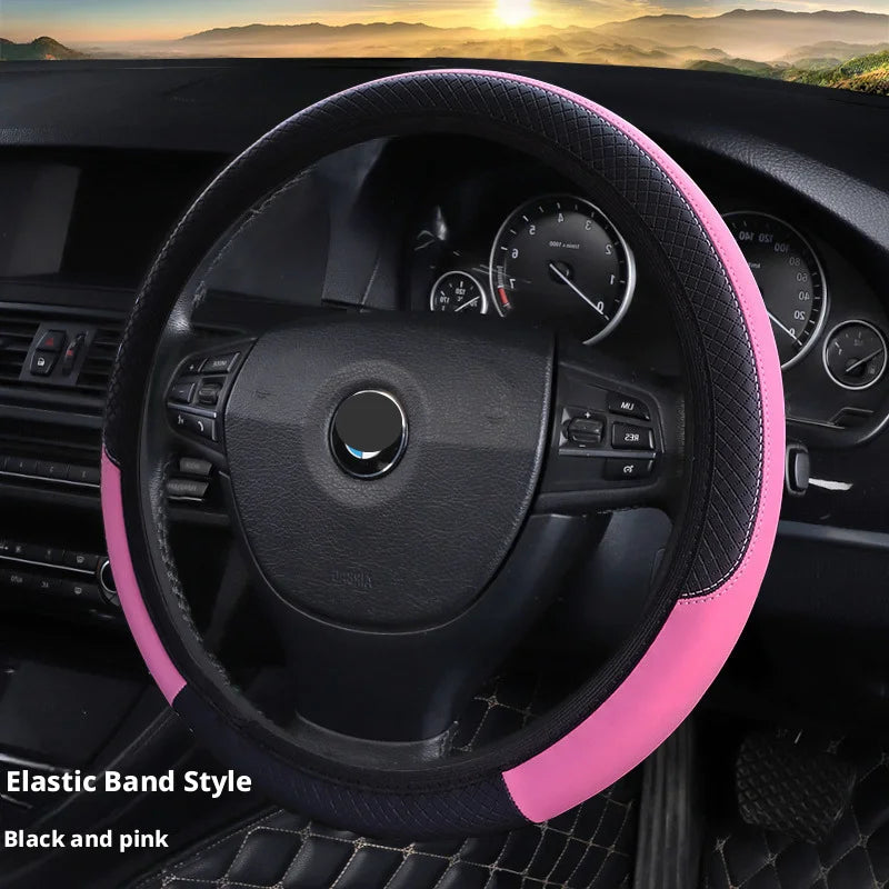 Elastic Carbon Fiber Leather Steering Wheel Cover Universal 36-40cm No Inner Ring Anti-slip Car Handle Protector 4 Seasons