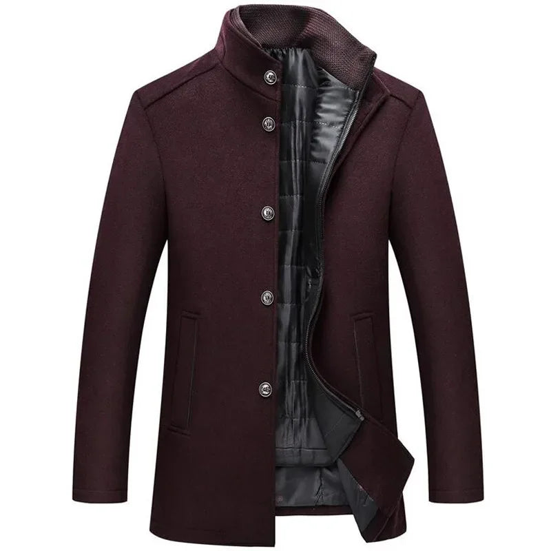 2026 Men Winter Windbreaker Long Thick Wool Jackets Abrigo Hombre Man Stand Collar Single Breasted with Vest Woolen Coats