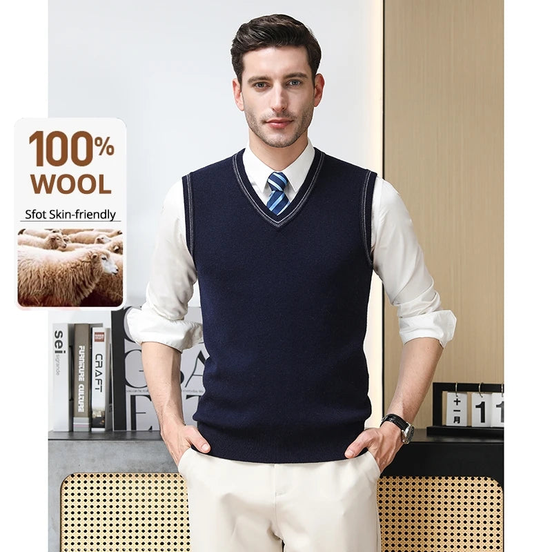 High End 100% Wool New Autum Winter Fashion Brand Knit Pullover Sweater Vest Slim Fit V-neck Sleeveless Casual Mens Clothing