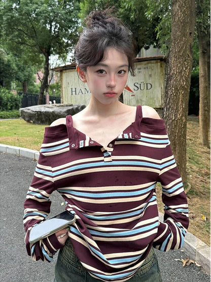 plus Size Women's Autumn Long Sleeve Striped T-Shirt Slimming Stylish Trendy Girl Style Top V-Neck Regular Thickness