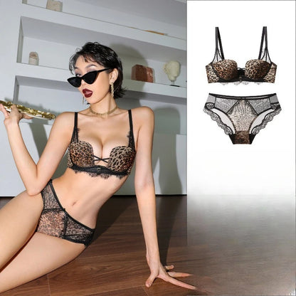 Set Intimo Pizzo Leopardato Chic Stile Francese Reggiseno Push Up Seno Piccolo Antiaccadimento Taglie Comode S-XL Hot Sale Set