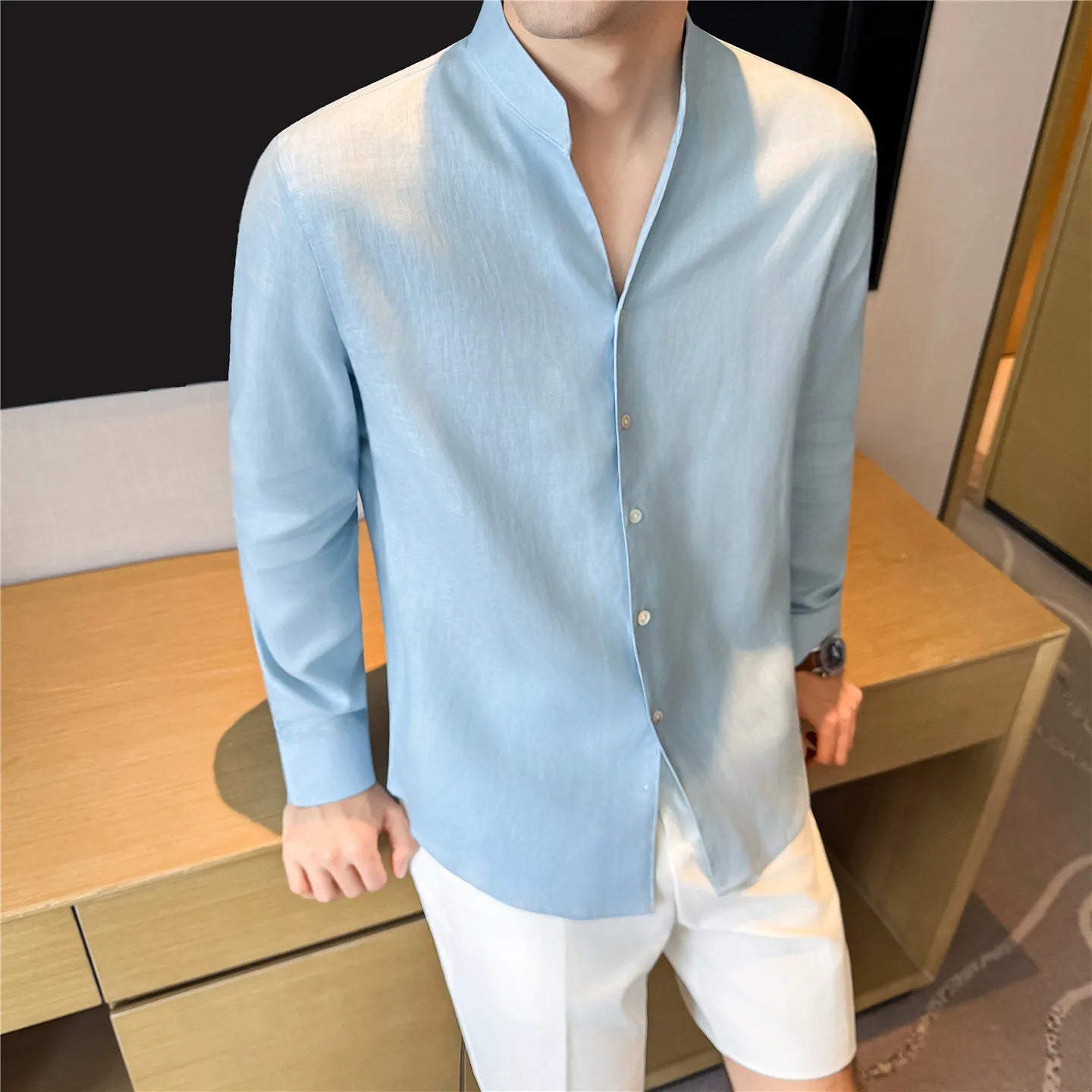 100% Linen Long Sleeve Shirt for Men Stand Up Collar Summer Loose Fit Solid Color Casual Formal Wear