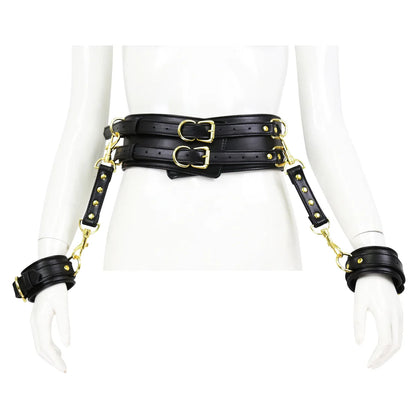 BDSM PU Leather Waist To Wrist Restraint Harness Set Adjustable Bondage Belt with Cuffs Slave Role Play Adult Sex Toy for Women