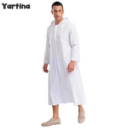 Mens Jubba Thobes Linen Muslim Robe Hooded with Pockets Middle East Islam Arabic Moroccan Kaftan Eid Prayer Long Robe Dress