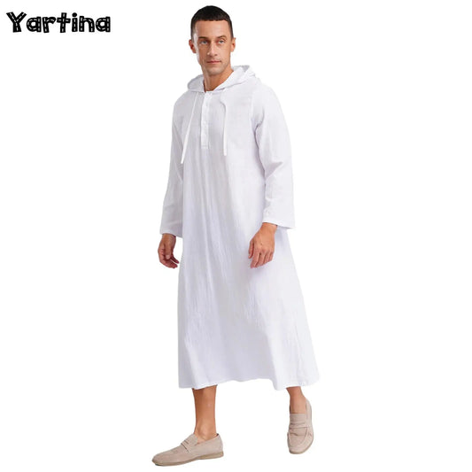 Mens Jubba Thobes Linen Muslim Robe Hooded with Pockets Middle East Islam Arabic Moroccan Kaftan Eid Prayer Long Robe Dress