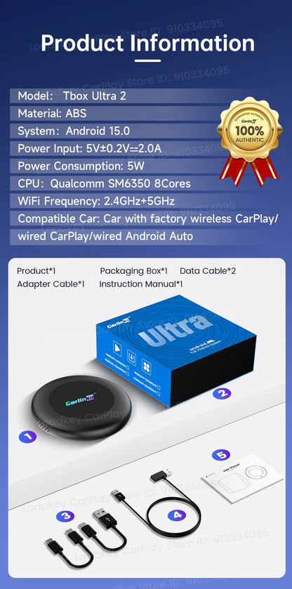 CarlinKit 3 In 1 Android 15 CarPlay Ai Box Wireless Adapter Android Auto Qualcomm SM6350 128GB 8-Core for Youtube Netflix FOTA