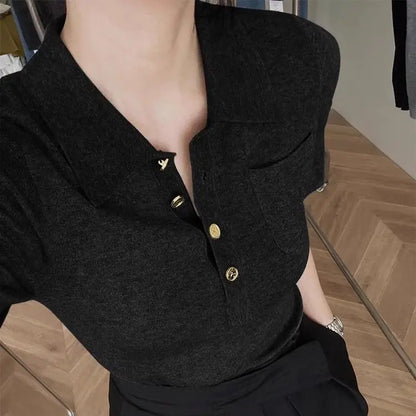 FANAN French Polo Collar Gray Short-sleeved Sweater for Women in Summer Short High-end Style Ice Silk Shoulder T-shirt Top