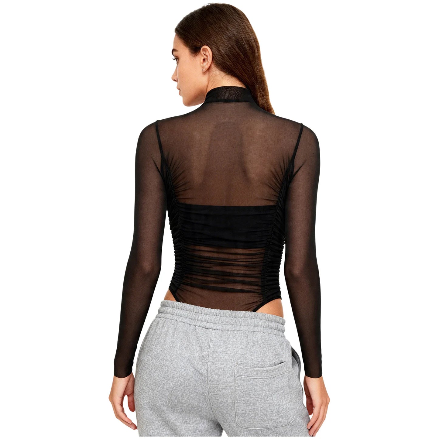Womens Nightclub Beach Bodysuit Sheer Mesh Side Ruched High Collar Long Sleeve Button Crotch Leotard See Through Cover Up Outfit