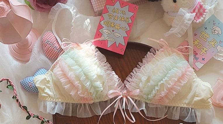 Japanese Style Lolita Princess Lingerie Set Women Pure Desire Cake Layer Lace Mesh Cotton Crotch Party Bra  Panty Set Soft Cute