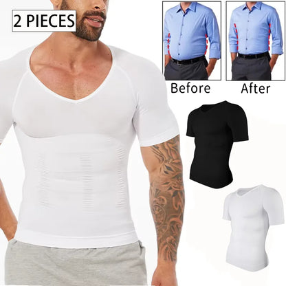 2PCS Men's Body Shaper Tummy Control Vest Slimming Shirt Compression Base Layer Slim Muscle Short Sleeve Breathable Shapewear