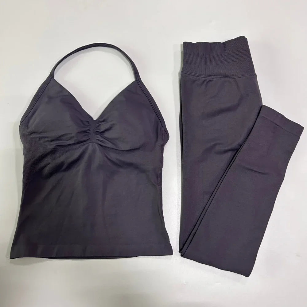 2 Pieces Sports Set Women Backless Tank Yoga Tops High Waist Scrunch Seamless Shorts Sport Gym Set Sportswear Workout Set