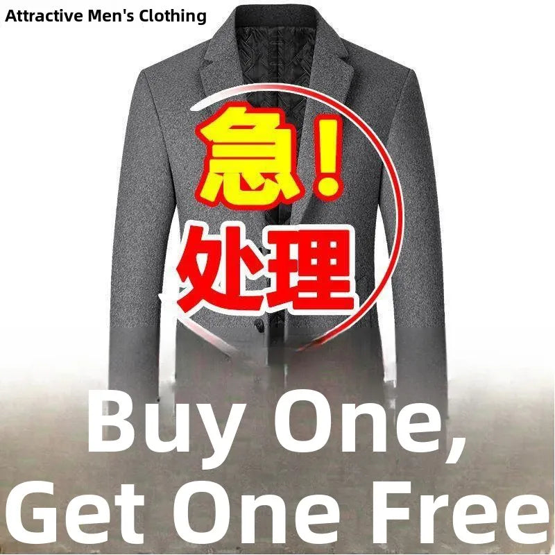 Men's Woolen Coat Autumn Winter Long Style Slim Fit Fashionable Outerwear Rabbit Fur 100% Versatile for All Seasons