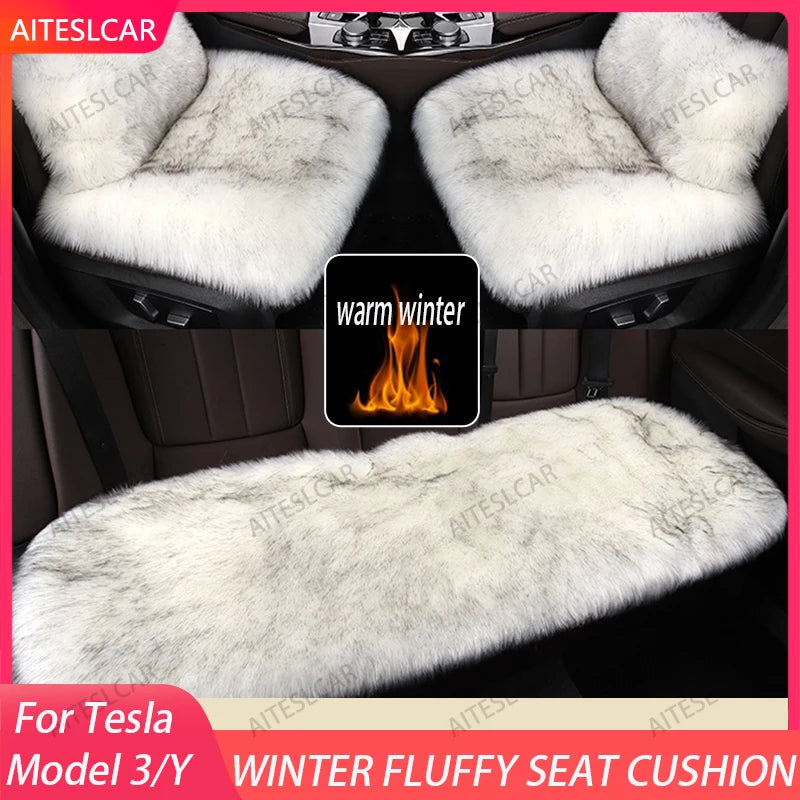 For Tesla Plush Rabbit Fur Car Seat Cushion Winter Warmth Thickened Wool One Piece Square Cushion for Main Driver or Co-pilot