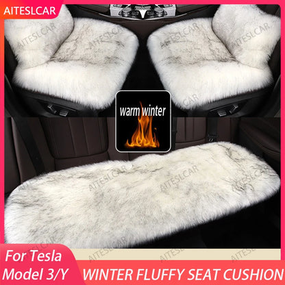 For Tesla Plush Rabbit Fur Car Seat Cushion Winter Warmth Thickened Wool One Piece Square Cushion for Main Driver or Co-pilot