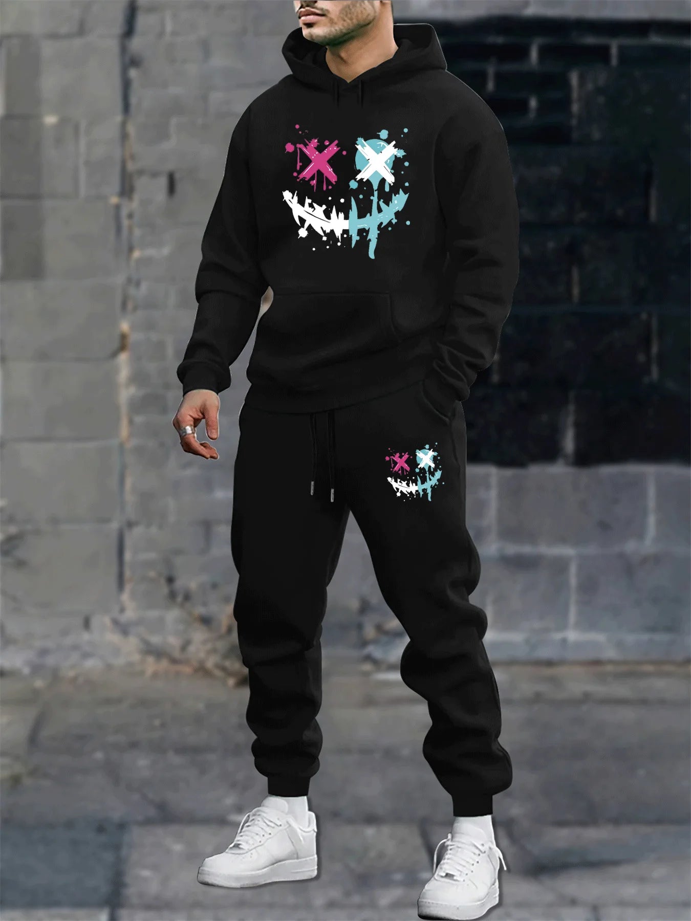 Men's autumn and winter casual fashion warm smiling face pattern printed loose plush thick hooded sweatshirt+sweatpants set