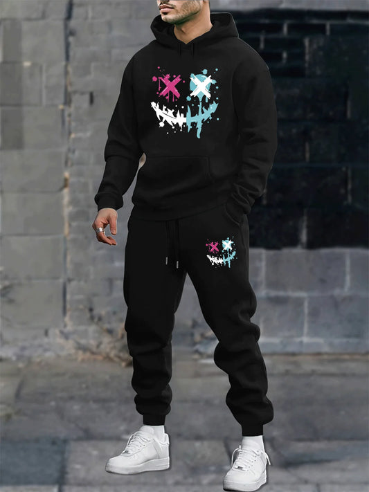 Men's autumn and winter casual fashion warm smiling face pattern printed loose plush thick hooded sweatshirt+sweatpants set