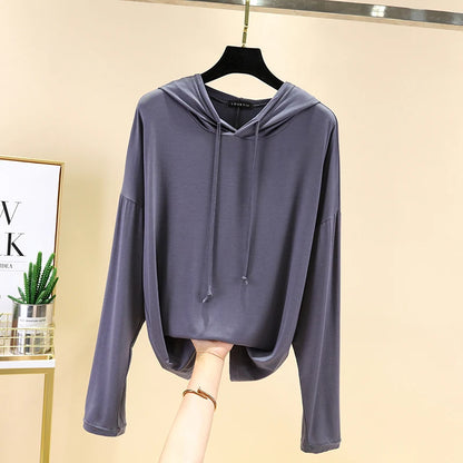 Spring Summer New Modal Long Sleeve Hoodie T-Shirt Women plus Size Loose Base Shirt Slimming Sun Protection Top Korean Style