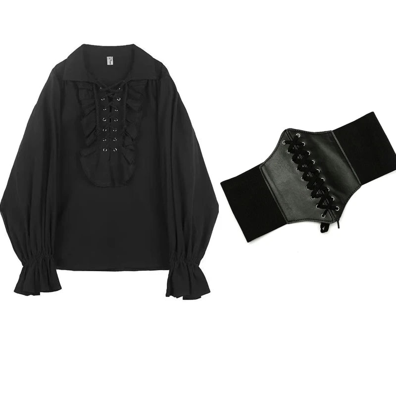 Zadily 2025 Summer Women's Lolita Ruffle Trim High Neck Shirt Lace-Up Lantern Sleeves Fitted Waist Vintage Elegant Party Blouse