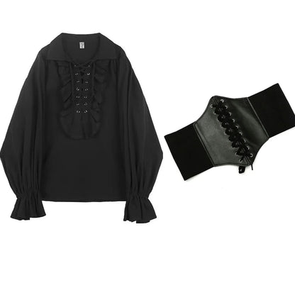 Zadily 2025 Summer Women's Lolita Ruffle Trim High Neck Shirt Lace-Up Lantern Sleeves Fitted Waist Vintage Elegant Party Blouse