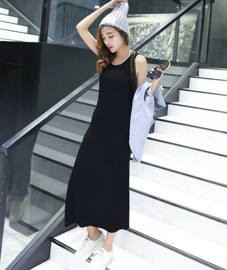 Summer Thin Modal Long Dress Women Loose Black Versatile Dress Strap Vest Skirt Sleeveless Large Size A-Line Korean Style