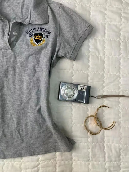 Retro American Grey  Collar Short Sleeve Slim Fit Waist Cinched T-Shirt Women Summer New Style Vintage Vintage Vintage
