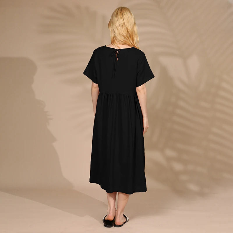 Summer Cotton Linen Women Dresses Vintage Short Sleeve Casual Loose Back Bandage Harajuku Party Club Dress With Pockets