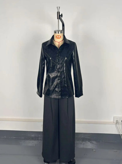 Elegant Long Sleeve PU Leather Shirt Women's Black Button up Snake Skin Pattern Fashionable Top for Autumn Winter