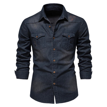 2025 Autumn Cotton Denim Shirts Men Casual Long Sleeve Quality Cowboy Shirt Solid Color Slim Fit Elastic Navy Blue Black Clothes