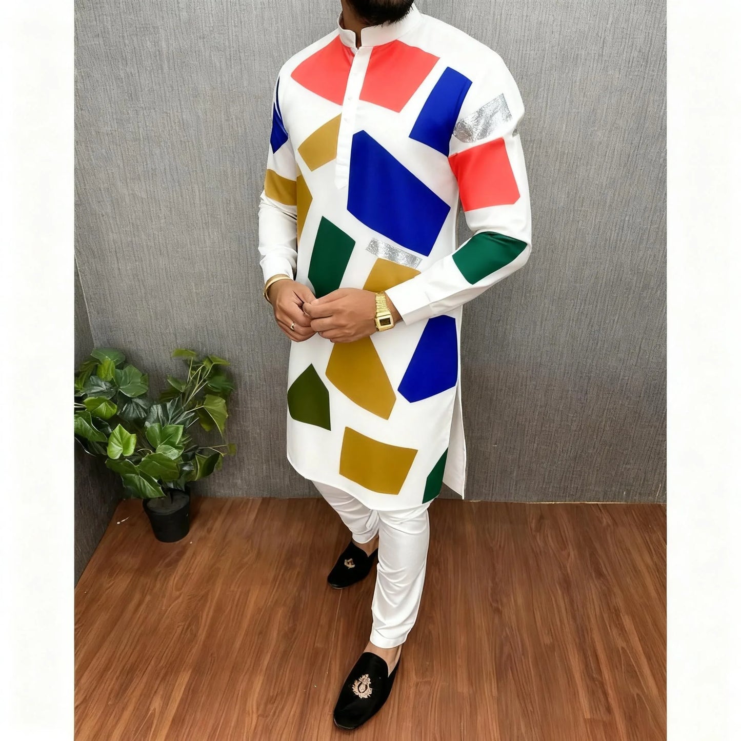 Men Digital Printed Kurta Vardha Regular Mandarin Collar Long Suitable Middle Eastern Tenue Marocaine Homme Men Muslim Clothing