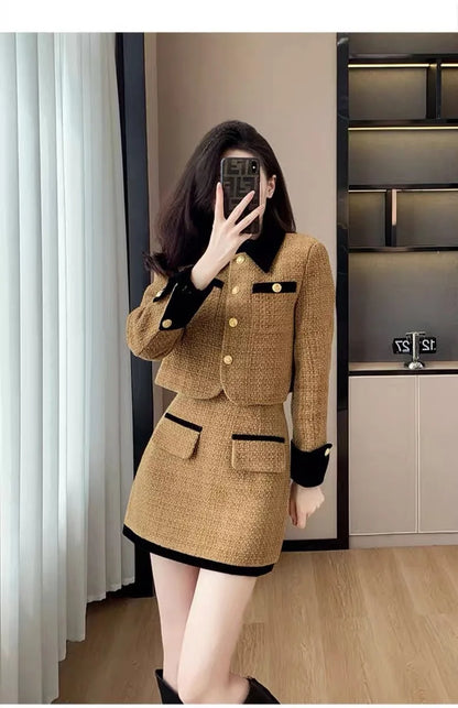 High-End  Style Women's Outerwear Set Autumn Winter New Design High Waist  Skirt Two-Piece Suit Fashionable And Warm