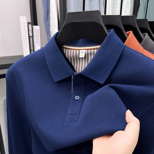 Men's casual long sleeved polo shirt autumn new loose solid color classic versatile lapel T-shirt