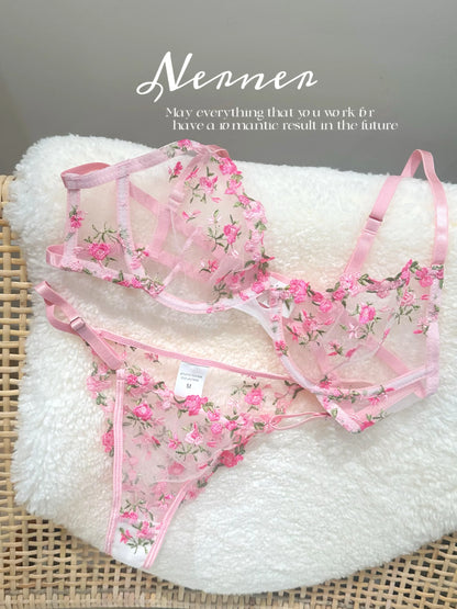 Pure & Sexy Japanese Lingerie Set, Pink Floral Tulle with Embroidery, Harajuku Style Aesthetic Set BANERDANNI Sexy Panty &Tusjy