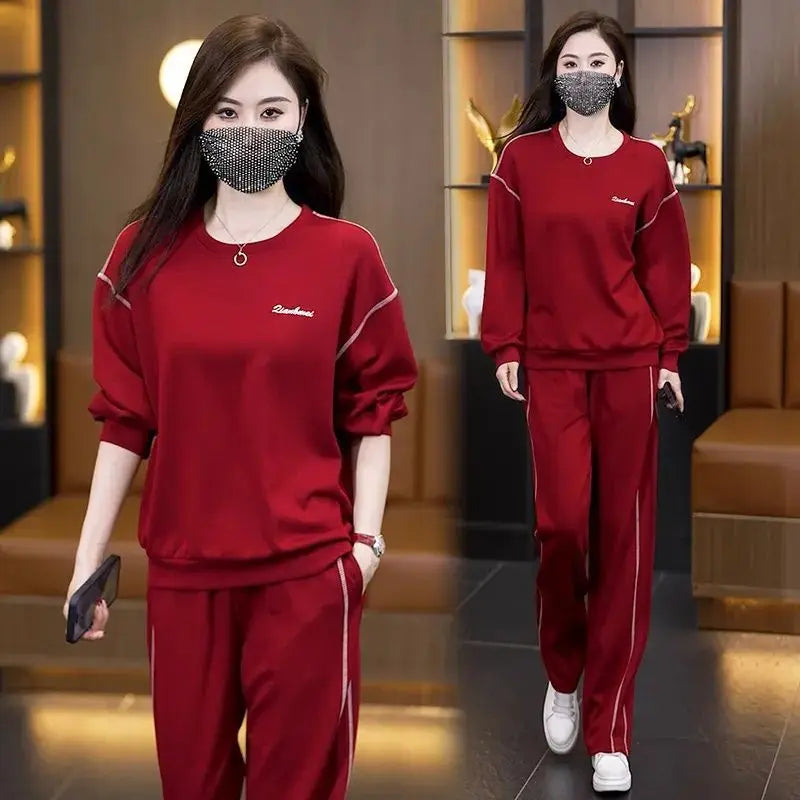 Ladies Large Size Cotton Embroidered Sportswear Set Casual Long Pants Two-Piece Fashionable Outfit for plus Size Women
