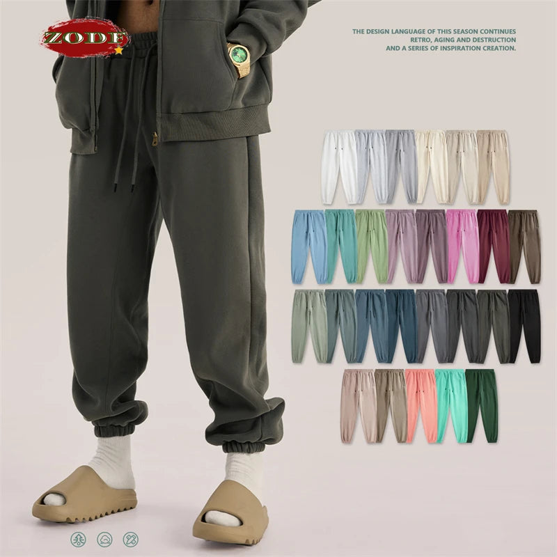 ZODF Trendy Men 345gsm Fleece Sweatpant Unisex Solid Color Loose Retro Hip Hop Winter Joggers Pants Brand Clothes HY0005