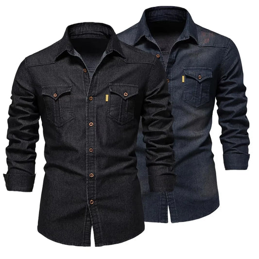 2025 Autumn Cotton Denim Shirts Men Casual Long Sleeve Quality Cowboy Shirt Solid Color Slim Fit Elastic Navy Blue Black Clothes