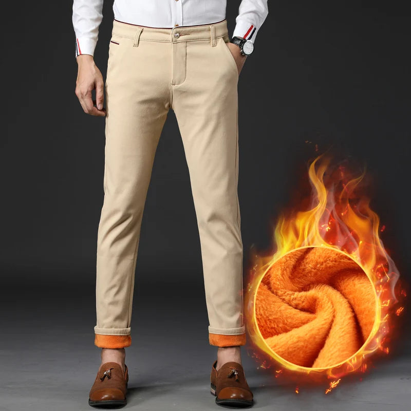 Men Winter Snow Warm Thermal Pants Straight Leg Cool Loose Pants Thicken Fleece Long Korean Business Blue Gray Khaki Trousers