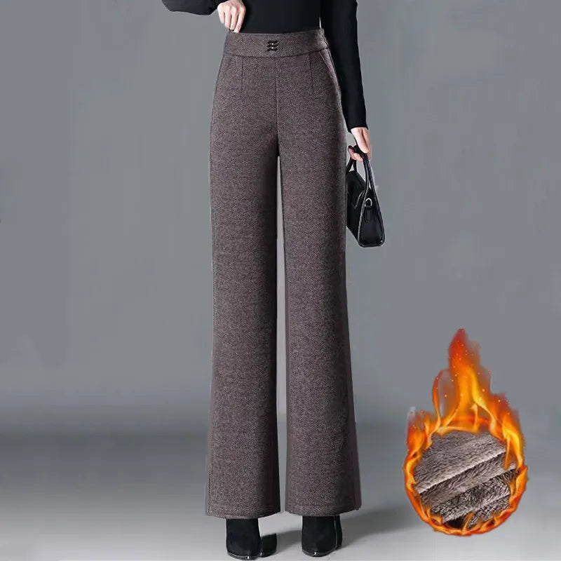 Thickened Fleece Lined Woolen Wide Leg Pants Casual Trousers for Middle Aged And Elderly Autumn Winter New Style Fashionable ...